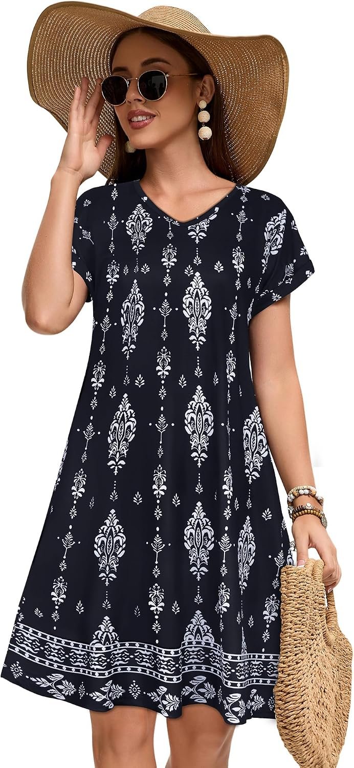Sundresses for Women Summer Dress with Pockets | 2026 Women V Neck T Shirt Dress, Short Sleeve Loose Dresses, Basic Summer Shirt Dress, Casual Short Dress Black Flower Bohemia - Image 5