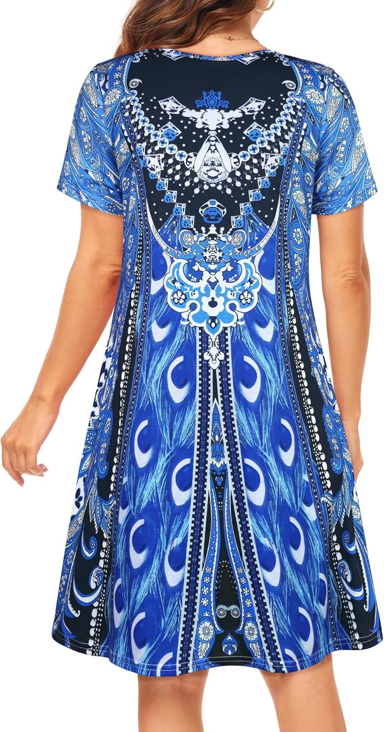 Womens Summer Dresses Beach Casual Loose Tshirt Floral Short Sleeve Flowy Pockets Sundresses 2026 Blue Boho - Image 5