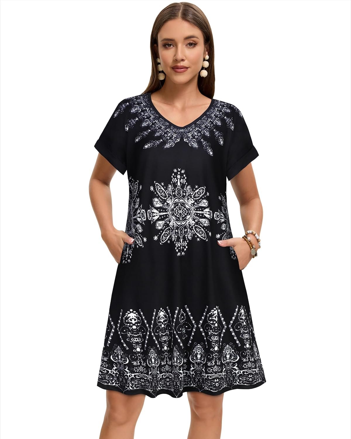 Sundresses for Women Summer Dress with Pockets | 2026 Women V Neck T Shirt Dress, Short Sleeve Loose Dresses, Basic Summer Shirt Dress, Casual Short Dress Black Ice Floral - Image 3