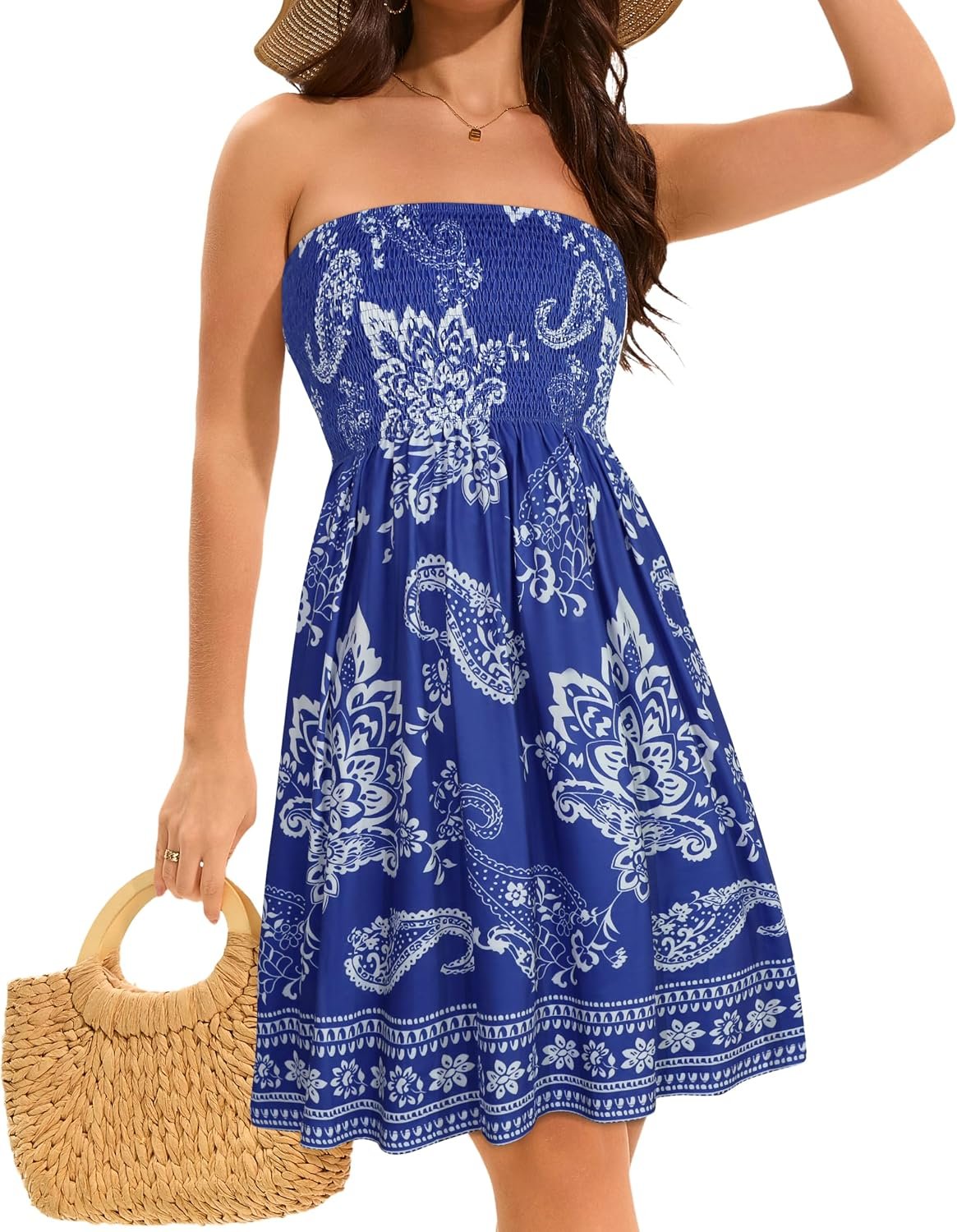 Summer Dresses for Women 2026 Strapless Casual Beach Cover Ups Tube Top Sundress Blue White Boho - Image 5
