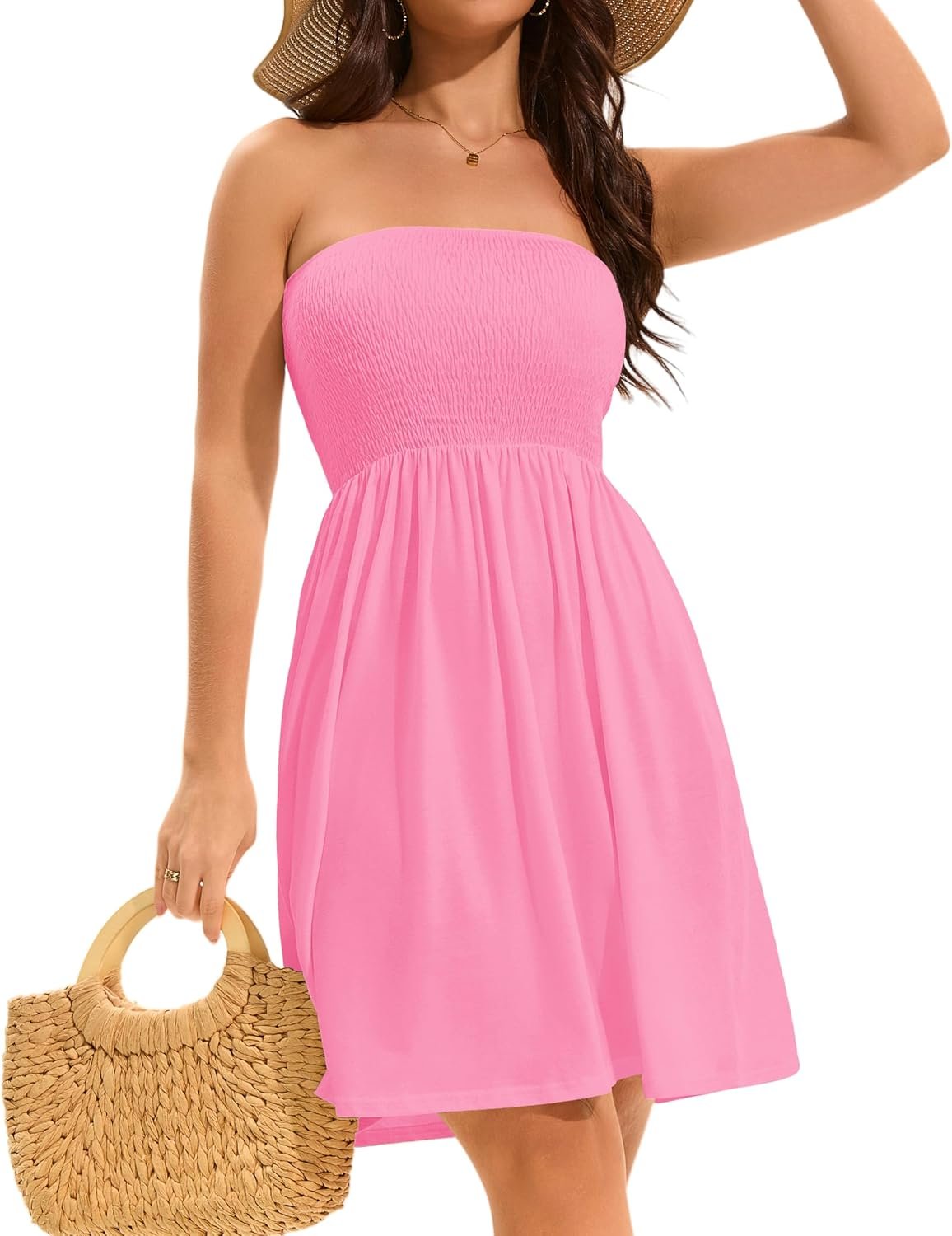 Summer Dresses for Women 2026 Strapless Casual Beach Cover Ups Tube Top Sundress Pink - Image 4