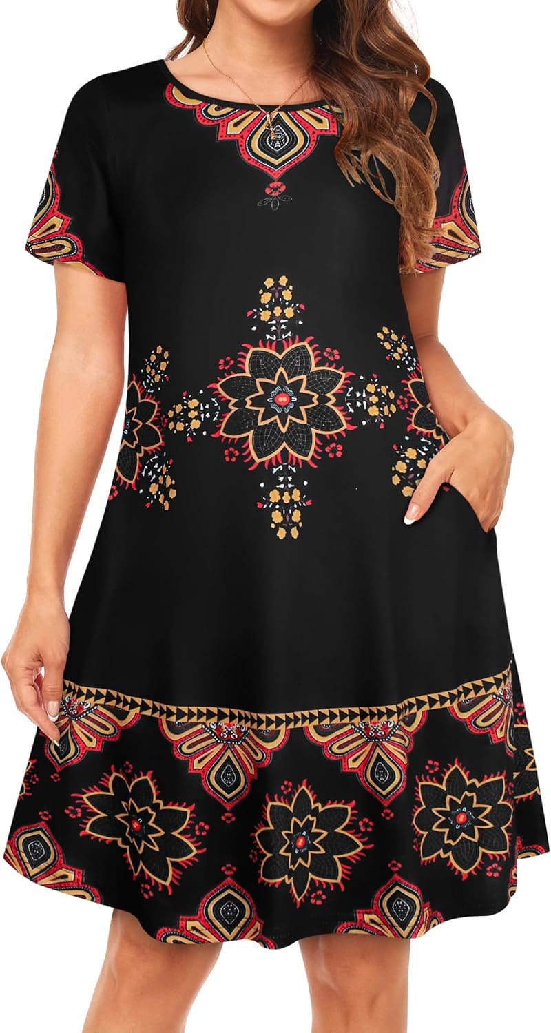Womens Summer Dresses Beach Casual Loose Tshirt Floral Short Sleeve Flowy Pockets Sundresses 2026 Black Red Boho - Image 2