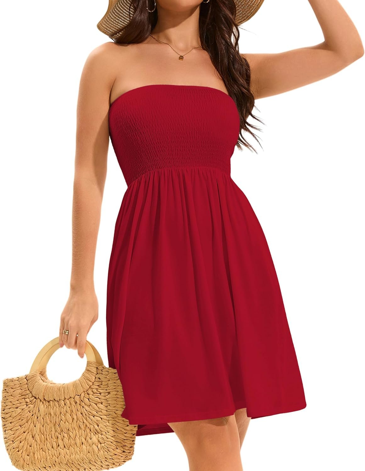 Summer Dresses for Women 2026 Strapless Casual Beach Cover Ups Tube Top Sundress B Red - Image 5