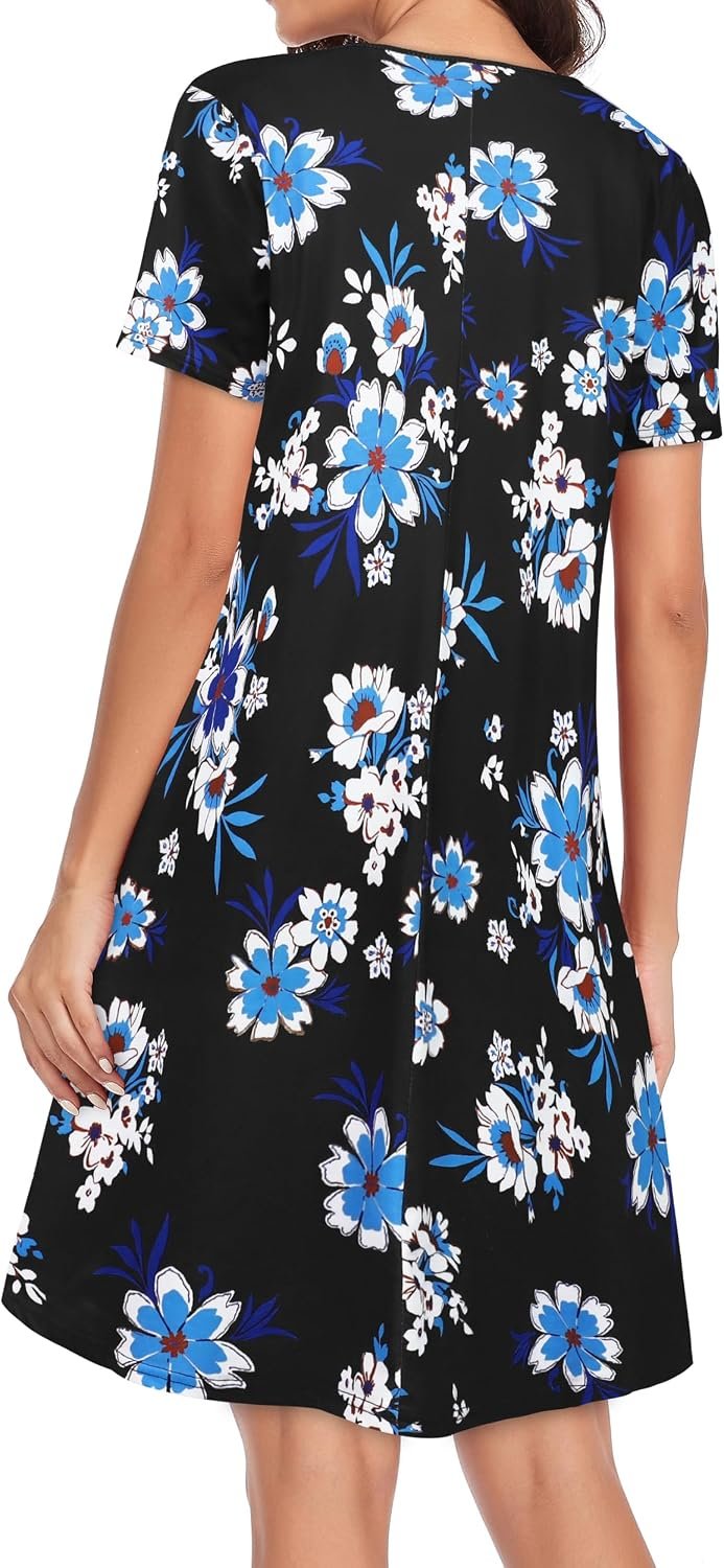 Womens Summer Dresses Beach Casual Loose Tshirt Floral Short Sleeve Flowy Pockets Sundresses 2026 Z Black Blue Floral - Image 6