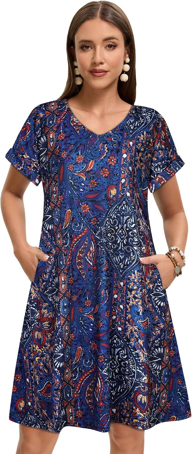 Sundresses for Women Summer Dress with Pockets | 2026 Women V Neck T Shirt Dress, Short Sleeve Loose Dresses, Basic Summer Shirt Dress, Casual Short Dress Purple Blue Bohemia - Image 2
