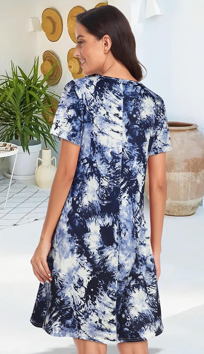 Womens Summer Dresses Beach Casual Loose Tshirt Floral Short Sleeve Flowy Pockets Sundresses 2026 Dark Blue Tie Dye - Image 4