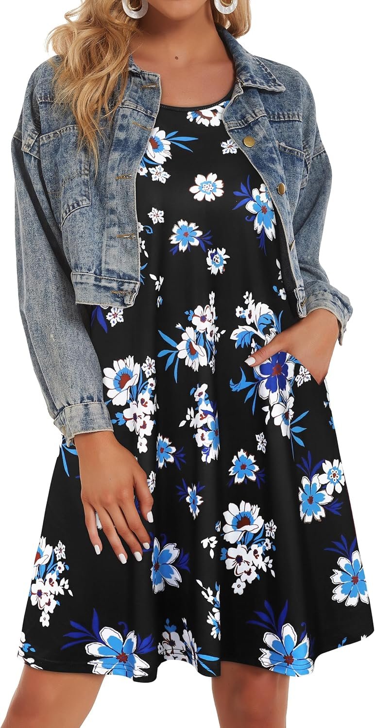 Womens Summer Dresses Beach Casual Loose Tshirt Floral Short Sleeve Flowy Pockets Sundresses 2026 Z Black Blue Floral - Image 3