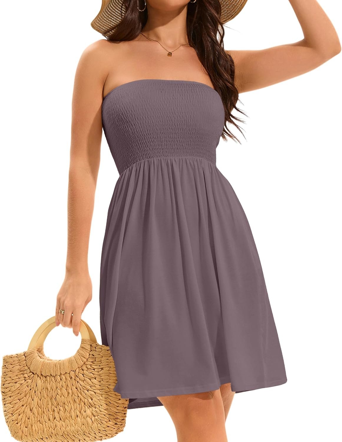 Summer Dresses for Women 2026 Strapless Casual Beach Cover Ups Tube Top Sundress B Grayish Purple - Image 4