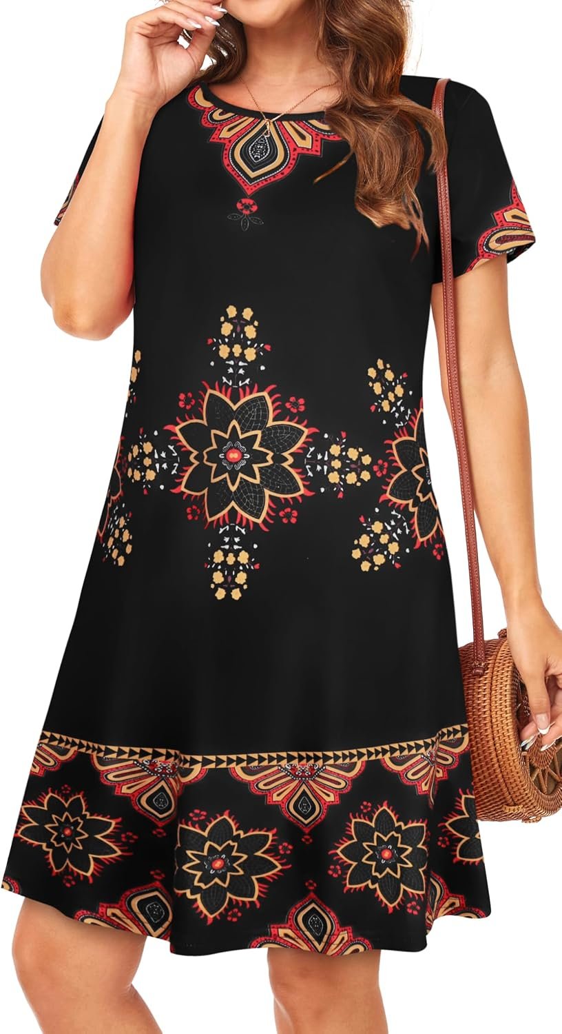 Womens Summer Dresses Beach Casual Loose Tshirt Floral Short Sleeve Flowy Pockets Sundresses 2026 Black Red Boho - Image 4