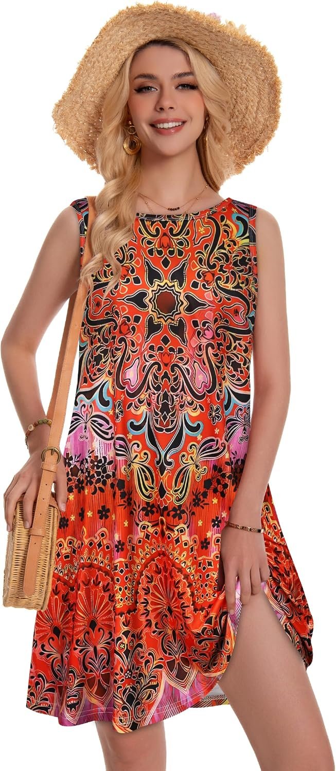Summer Dresses for Women Beach Boho Sleeveless Vintage Floral Flowy Pocket Tshirt Tank Sundresses 2026 Red Boho - Image 4