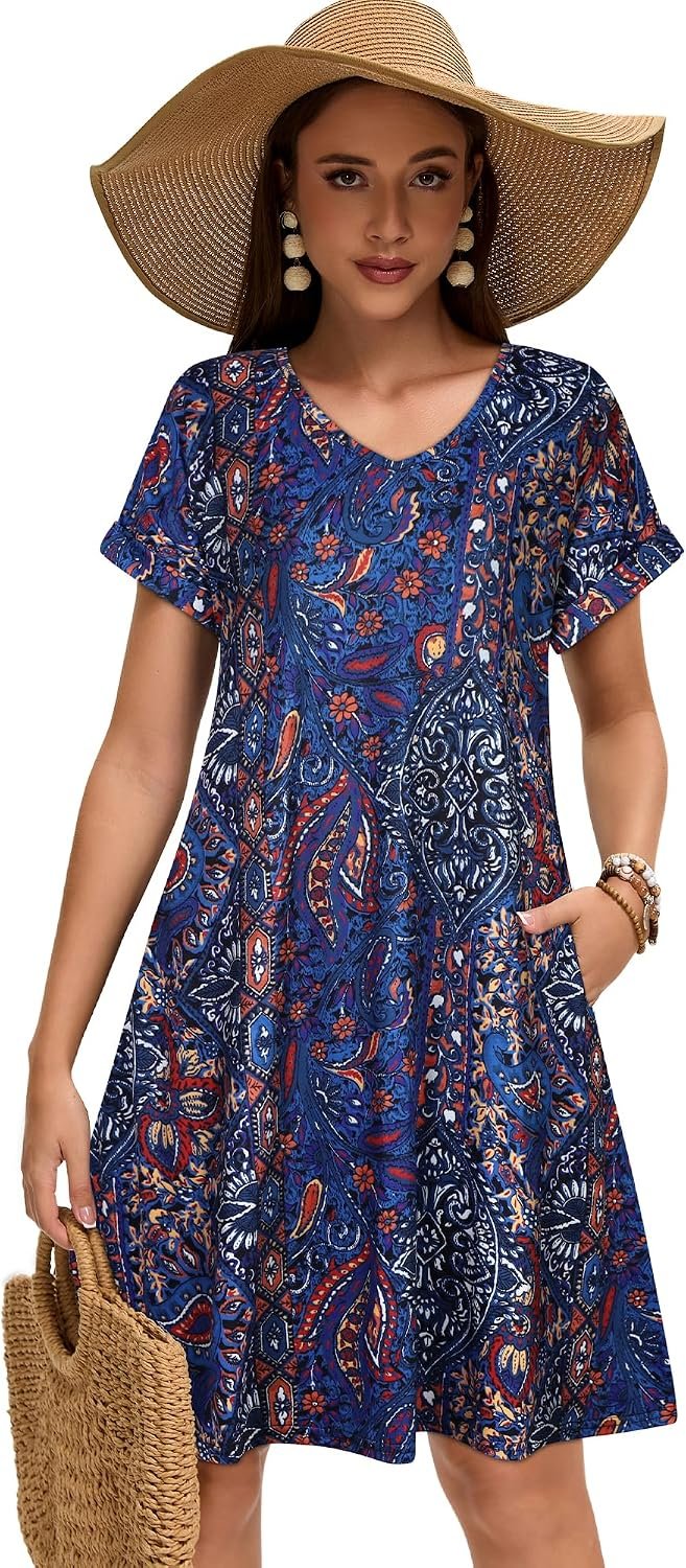 Sundresses for Women Summer Dress with Pockets | 2026 Women V Neck T Shirt Dress, Short Sleeve Loose Dresses, Basic Summer Shirt Dress, Casual Short Dress Purple Blue Bohemia - Image 4