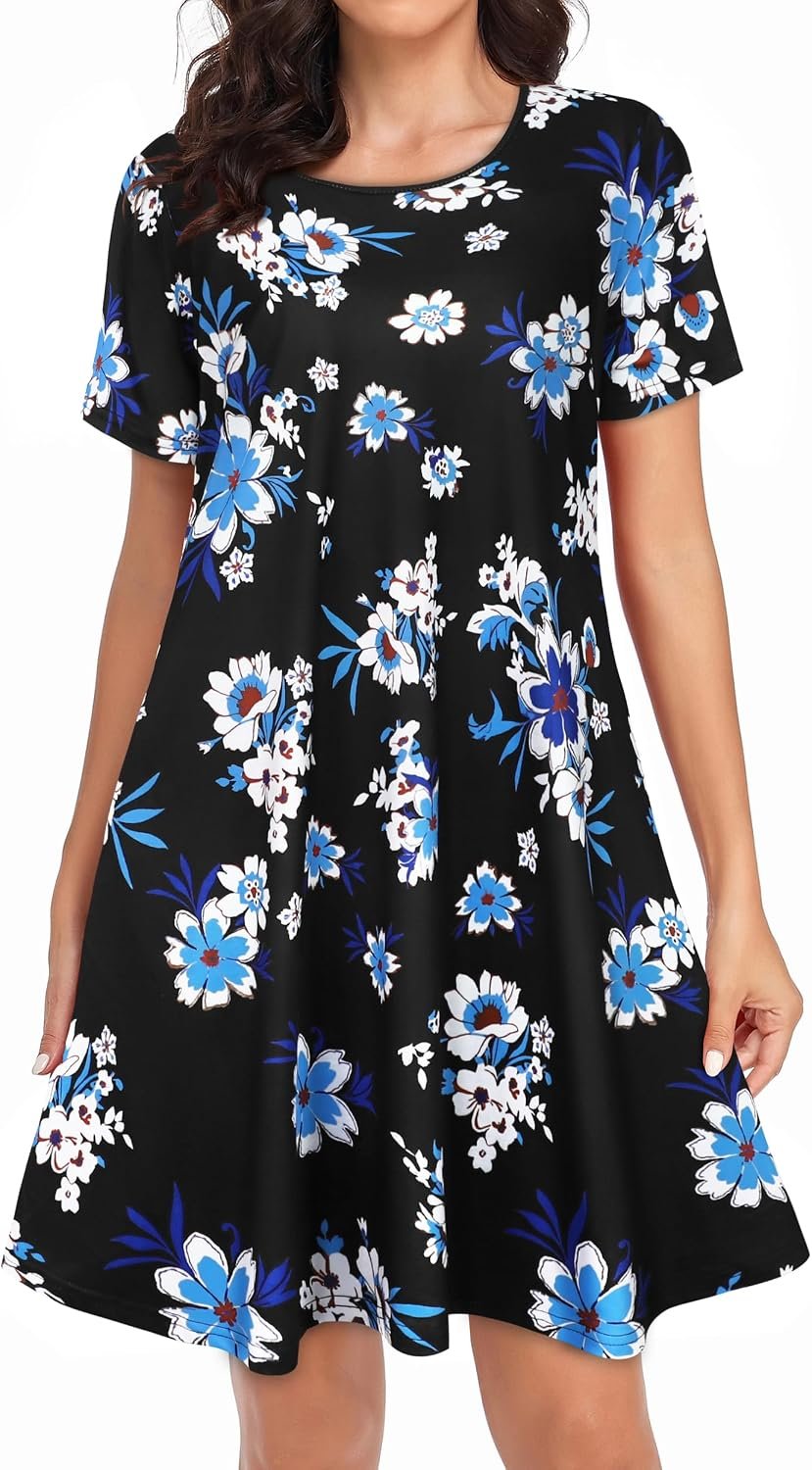 Womens Summer Dresses Beach Casual Loose Tshirt Floral Short Sleeve Flowy Pockets Sundresses 2026 Z Black Blue Floral - Image 4