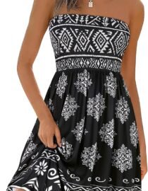 Summer Dresses for Women 2026 Strapless Casual Beach Cover Ups Tube Top Sundress Black Floral Bohemia