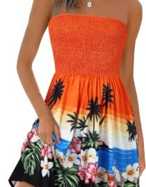 Summer Dresses for Women 2026 Strapless Casual Beach Cover Ups Tube Top Sundress Orange Coconat Tree