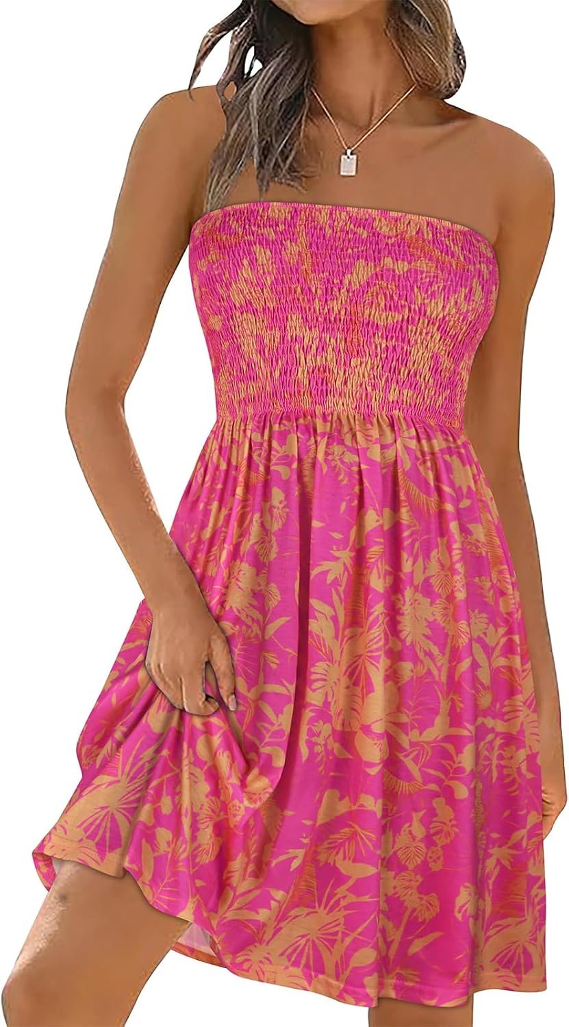 Summer Dresses for Women 2026 Strapless Casual Beach Cover Ups Tube Top Sundress Red Yellow Floral