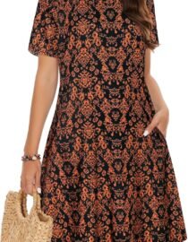 Summer Dresses for Women Casual Tshirt Short Sleeve Floral Sundress Beach Cover Ups with Pockets 2026 A Black Orange Floral