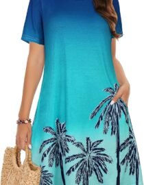 Summer Dresses for Women Casual Tshirt Short Sleeve Floral Sundress Beach Cover Ups with Pockets 2026 A Blue Hawaiian Tree