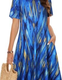 Summer Dresses for Women Casual Tshirt Short Sleeve Floral Sundress Beach Cover Ups with Pockets 2026 B Blue Stripe