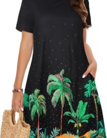 Summer Dresses for Women Casual Tshirt Short Sleeve Floral Sundress Beach Cover Ups with Pockets 2026 Black Coconut Tree