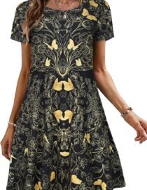 Summer Dresses for Women Casual Tshirt Short Sleeve Floral Sundress Beach Cover Ups with Pockets 2026 Golden Butterfly