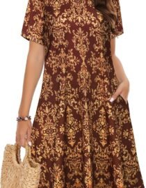 Summer Dresses for Women Casual Tshirt Short Sleeve Floral Sundress Beach Cover Ups with Pockets 2026 Wine Red Yellow Floral
