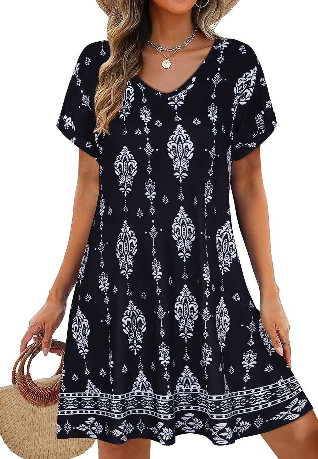 Sundresses for Women Summer Dress with Pockets | 2026 Women V Neck T Shirt Dress, Short Sleeve Loose Dresses, Basic Summer Shirt Dress, Casual Short Dress Black Flower Bohemia