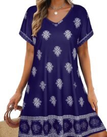 Sundresses for Women Summer Dress with Pockets | 2026 Women V Neck T Shirt Dress, Short Sleeve Loose Dresses, Basic Summer Shirt Dress, Casual Short Dress Blue Boho