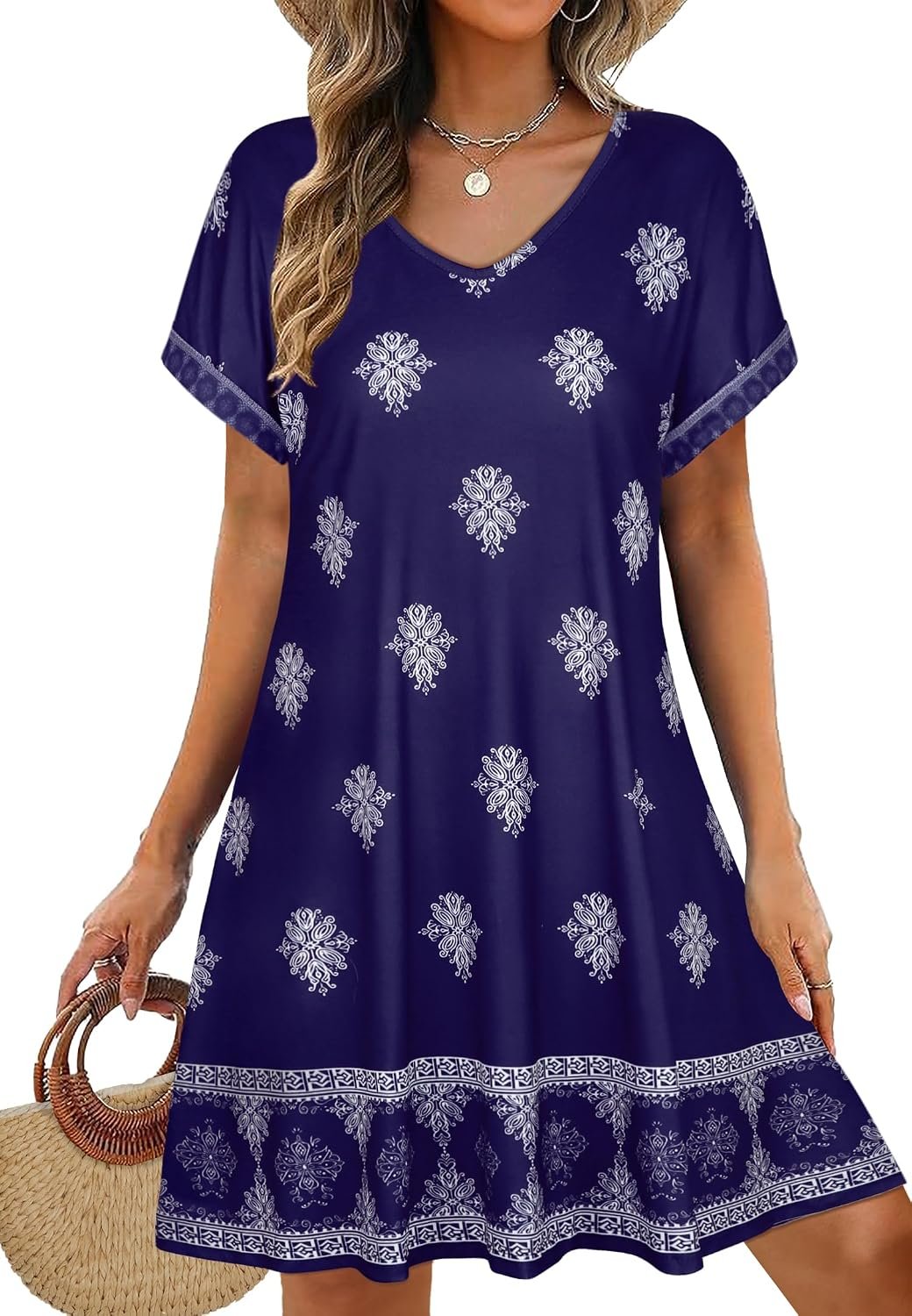 Sundresses for Women Summer Dress with Pockets | 2026 Women V Neck T Shirt Dress, Short Sleeve Loose Dresses, Basic Summer Shirt Dress, Casual Short Dress Blue Boho