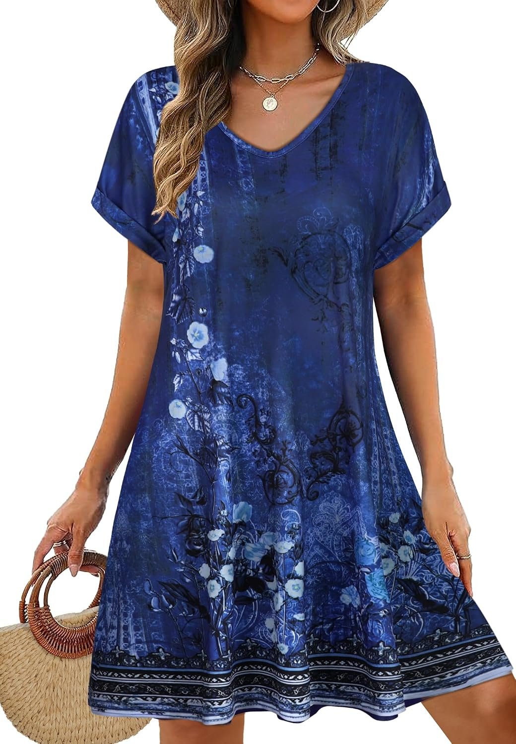 Sundresses for Women Summer Dress with Pockets | 2026 Women V Neck T Shirt Dress, Short Sleeve Loose Dresses, Basic Summer Shirt Dress, Casual Short Dress Deep Blue Floral