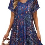 Sundresses for Women Summer Dress with Pockets | 2026 Women V Neck T Shirt Dress, Short Sleeve Loose Dresses, Basic Summer Shirt Dress, Casual Short Dress Purple Blue Bohemia