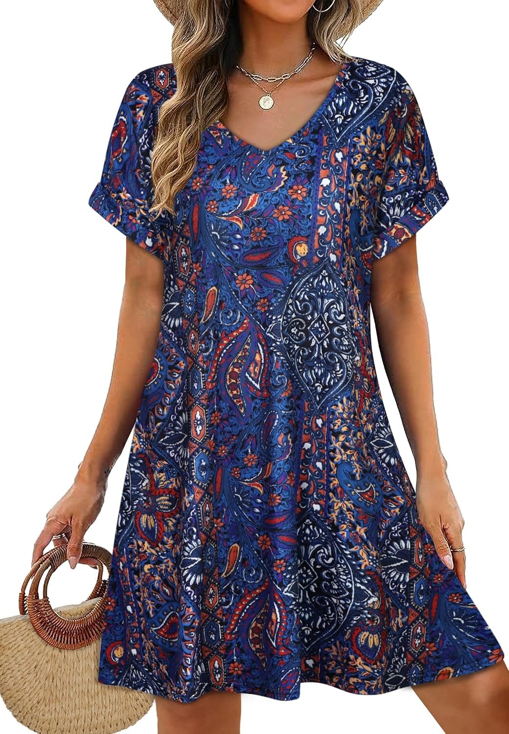 Sundresses for Women Summer Dress with Pockets | 2026 Women V Neck T Shirt Dress, Short Sleeve Loose Dresses, Basic Summer Shirt Dress, Casual Short Dress Purple Blue Bohemia