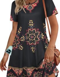 Womens Summer Dresses Beach Casual Loose Tshirt Floral Short Sleeve Flowy Pockets Sundresses 2026 Black Red Boho