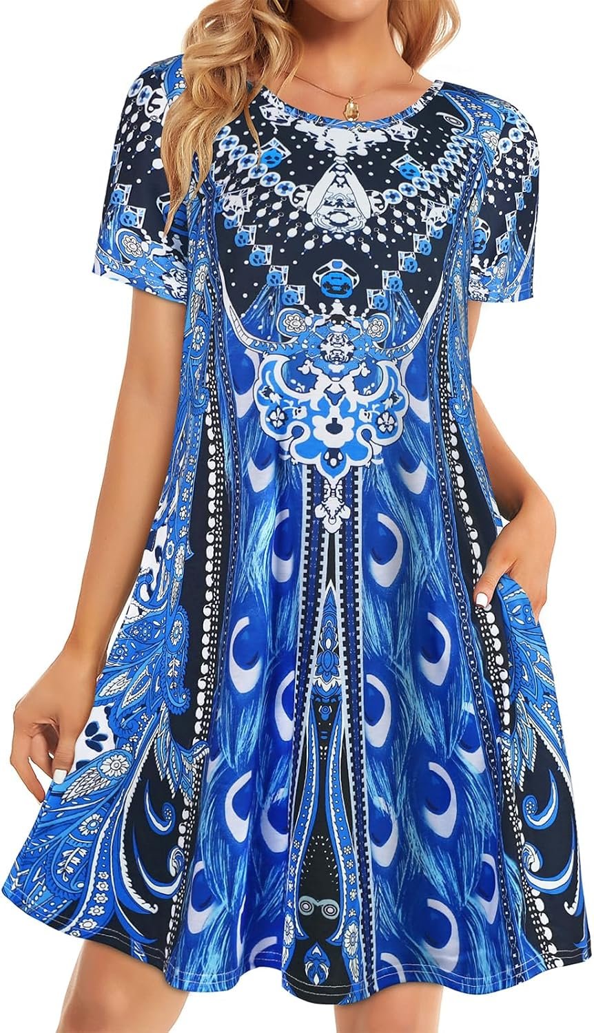 Womens Summer Dresses Beach Casual Loose Tshirt Floral Short Sleeve Flowy Pockets Sundresses 2026 Blue Boho