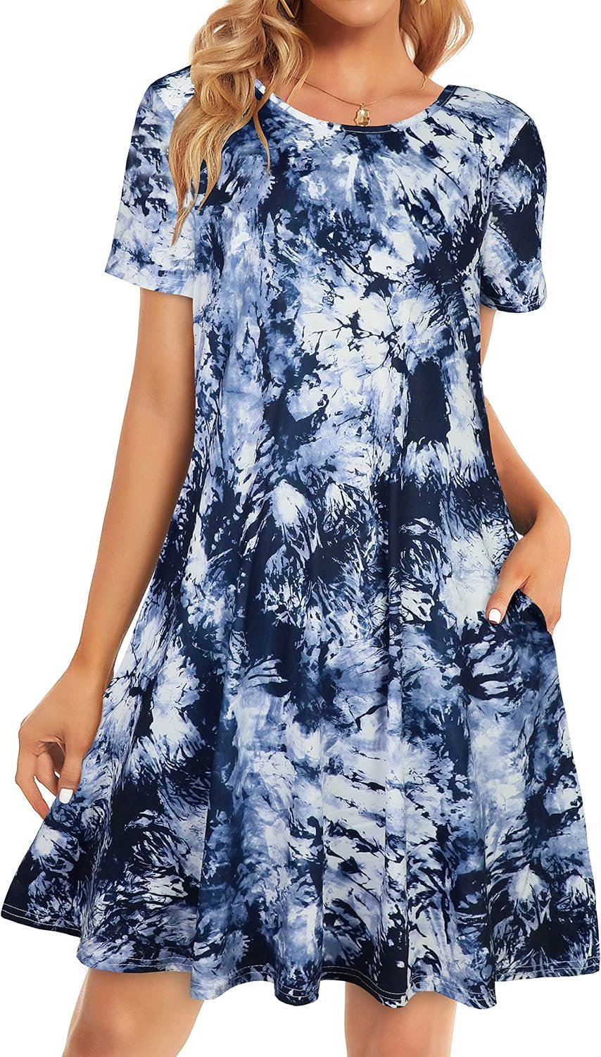Womens Summer Dresses Beach Casual Loose Tshirt Floral Short Sleeve Flowy Pockets Sundresses 2026 Dark Blue Tie Dye