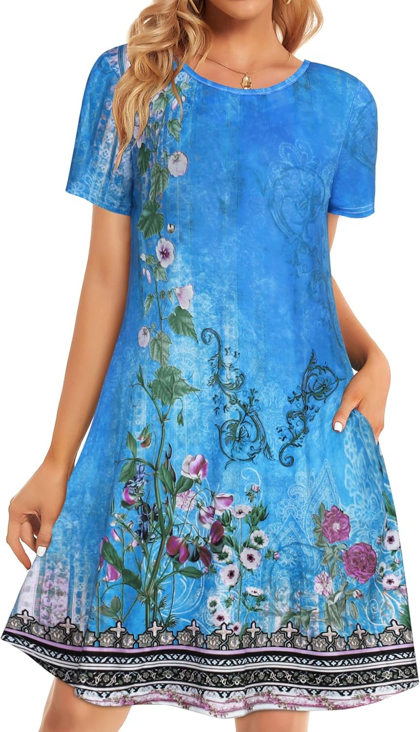 Womens Summer Dresses Beach Casual Loose Tshirt Floral Short Sleeve Flowy Pockets Sundresses 2026 Deepskyblue Boho