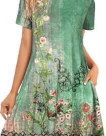 Womens Summer Dresses Beach Casual Loose Tshirt Floral Short Sleeve Flowy Pockets Sundresses 2026 Green Flowers