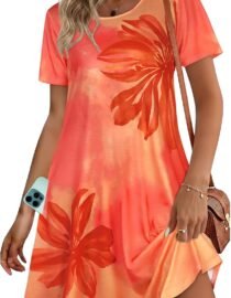 Womens Summer Dresses Beach Casual Loose Tshirt Floral Short Sleeve Flowy Pockets Sundresses 2026 Orange Floral