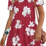 Womens Summer Dresses Beach Casual Loose Tshirt Floral Short Sleeve Flowy Pockets Sundresses 2026 Red White Flower