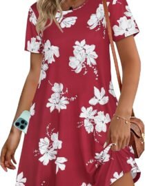 Womens Summer Dresses Beach Casual Loose Tshirt Floral Short Sleeve Flowy Pockets Sundresses 2026 Red White Flower