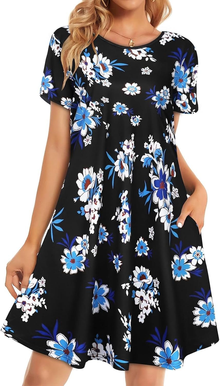 Womens Summer Dresses Beach Casual Loose Tshirt Floral Short Sleeve Flowy Pockets Sundresses 2026 Z Black Blue Floral
