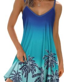 Womens Summer Dresses Spaghetti Strap V Neck Casual Sleeveless Sundress Beach Cover Ups with Pockets 2026 Blue Hawaiian Tree