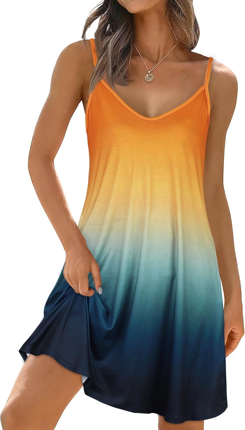 Womens Summer Dresses Spaghetti Strap V Neck Casual Sleeveless Sundress Beach Cover Ups with Pockets 2026 Orange Blue